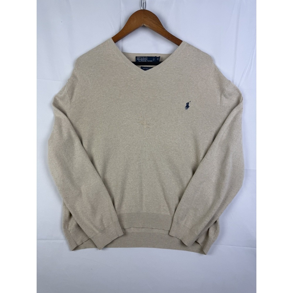 VTG 90's Polo Ralph Lauren 100% Pima Cotton V Neck Sweater Mens XL Beige Tan